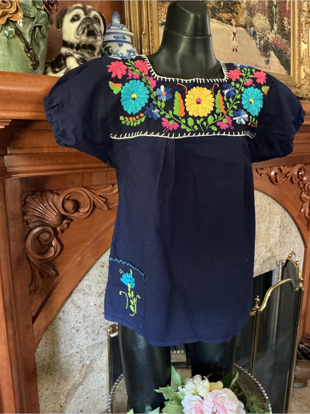Authentic Mexican Navy Embroidered Floral Top